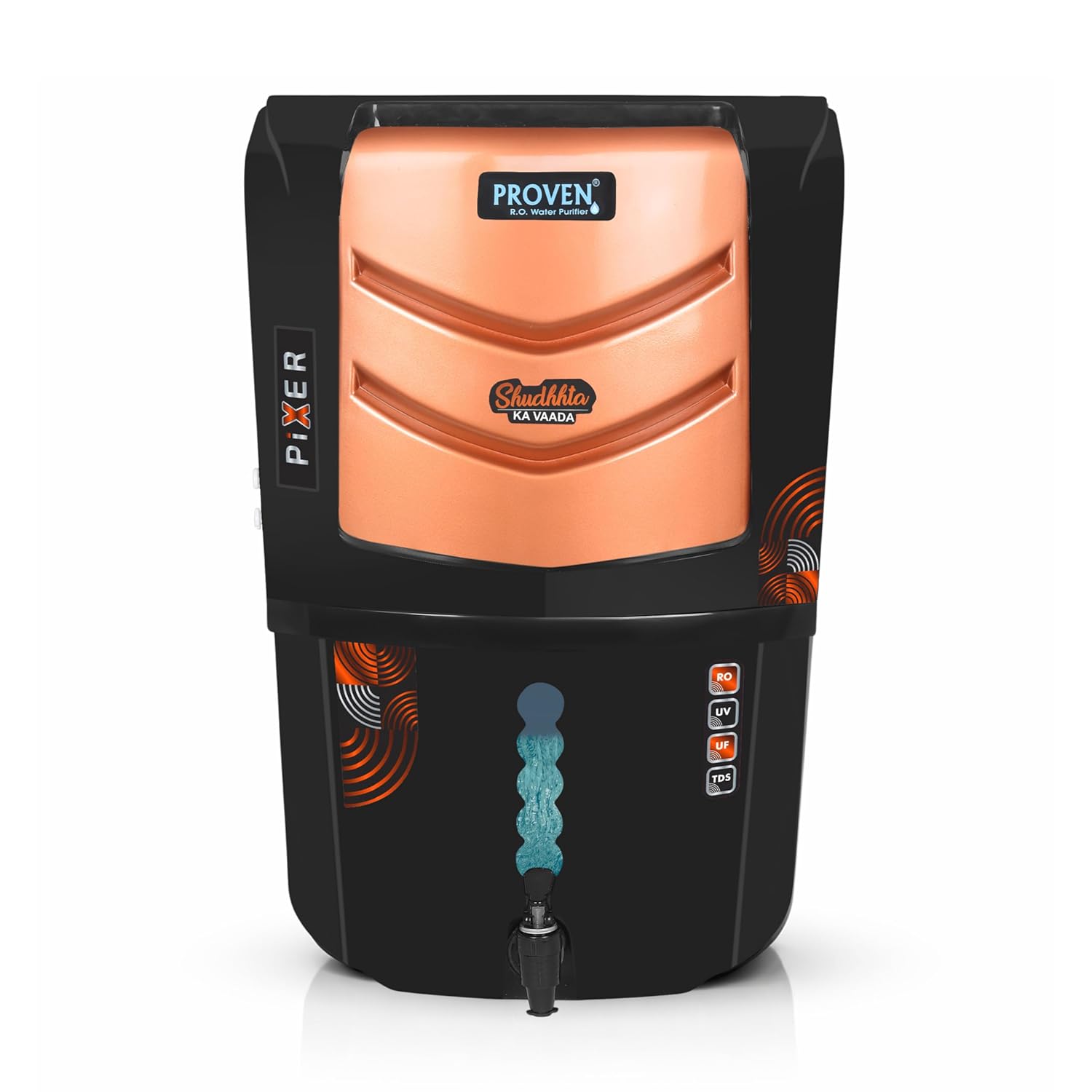 Proven Pixer Aqua RO+UV+UF+Copper Water Purifier | 12L Tank | TDS Controller | ISI Certified | Sleek Black Design | Made in India | 1-Year Warranty | Ideal for Home & Kitchen Use.