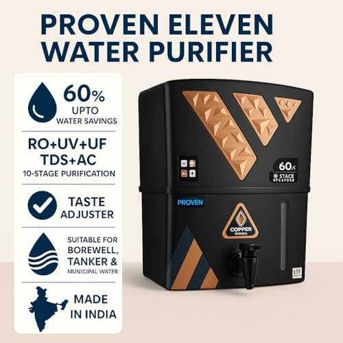 Proven Eleven RO Water Purifier | 10-Stage Purification with RO+UV+UF+TDS+AC Tech | Water Saver (Up to 60%) | Taste Adjuster | For Borewell, Tanker & Municipal Water | Made in India | 10L Storage