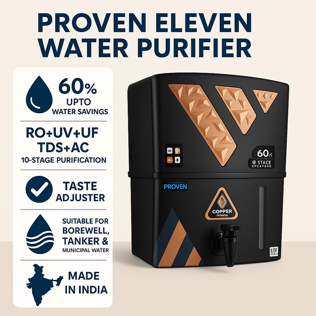 Proven Eleven RO Water Purifier | 10-Stage Purification with RO+UV+UF+TDS+AC Tech | Water Saver (Up to 60%) | Taste Adjuster | For Borewell, Tanker & Municipal Water | Made in India | 10L Storage