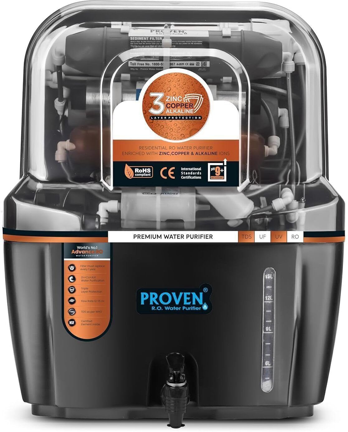 Proven Swift Aqua RO + UV + UF Water Purifier | Copper Zinc Alkaline Technology | TDS Controller | 15L Storage | ISI Certified | 12-Stage Purification | For All Water Types | Made in India