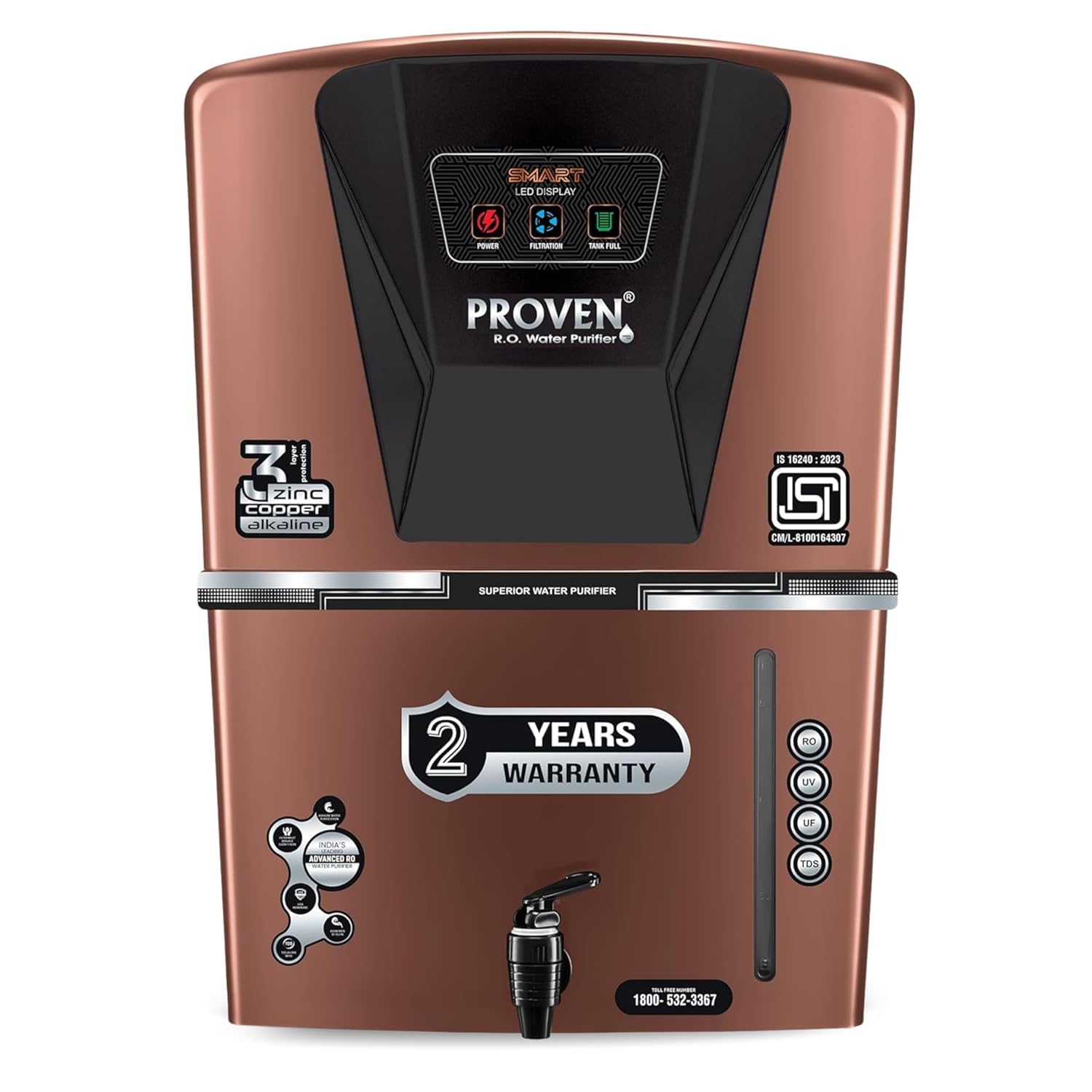 Proven Jupiter RO Water Purifier for Home, 12L | RO+UF+UV with Copper, Zinc & Alkaline, TDS Adjuster, ISI Certified, Borewell & Hard Water - Full Brown