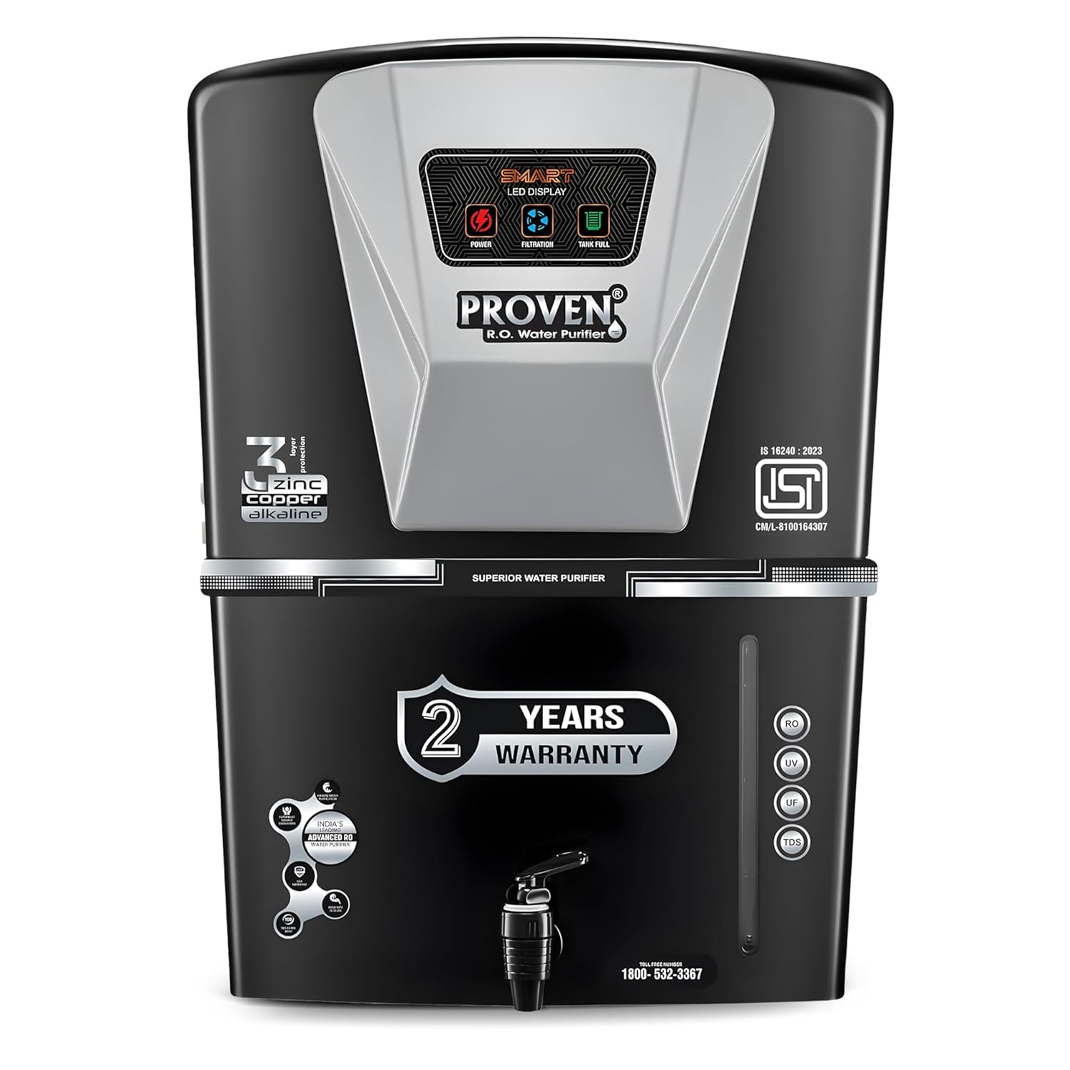 Proven Jupiter RO Water Purifier For Home | No Service for 2 Years | RO+UV+UF+TDS Adjuster | Zinc, Copper, Alkaline | 12L Storage | Ideal for Borewell & Hard Water | ISI Certified | Free Prefilter - Black Grey
