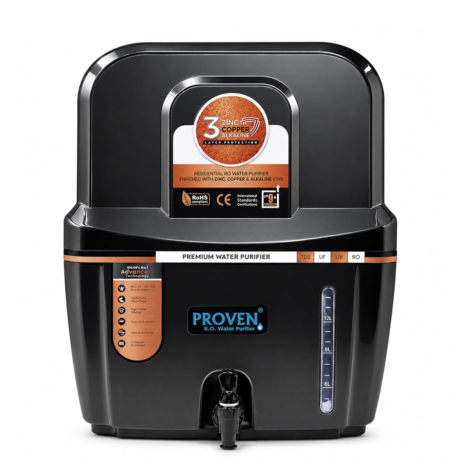 Proven Swift Zinc Copper Alkaline Water Purifier | Food-Grade ABS 12L Storage Tank | Advanced Technology | Made in India | Black Opaque | 1-Year Warranty
