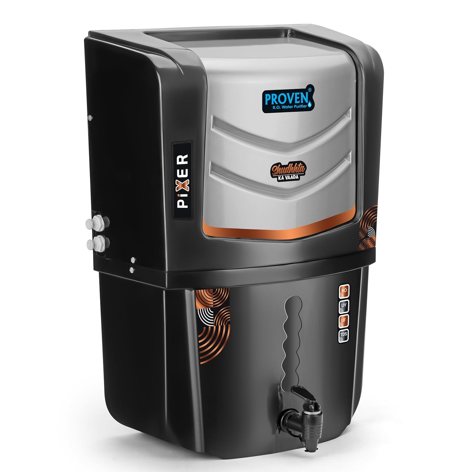 Proven Pixer Water Purifier – RO + UV + UF with Copper Zinc Alkaline Technology, TDS Adjuster, 12L Storage Tank, Sleek Black, Made in India, ISI | 12 Stage Purification | 1 Year Warranty