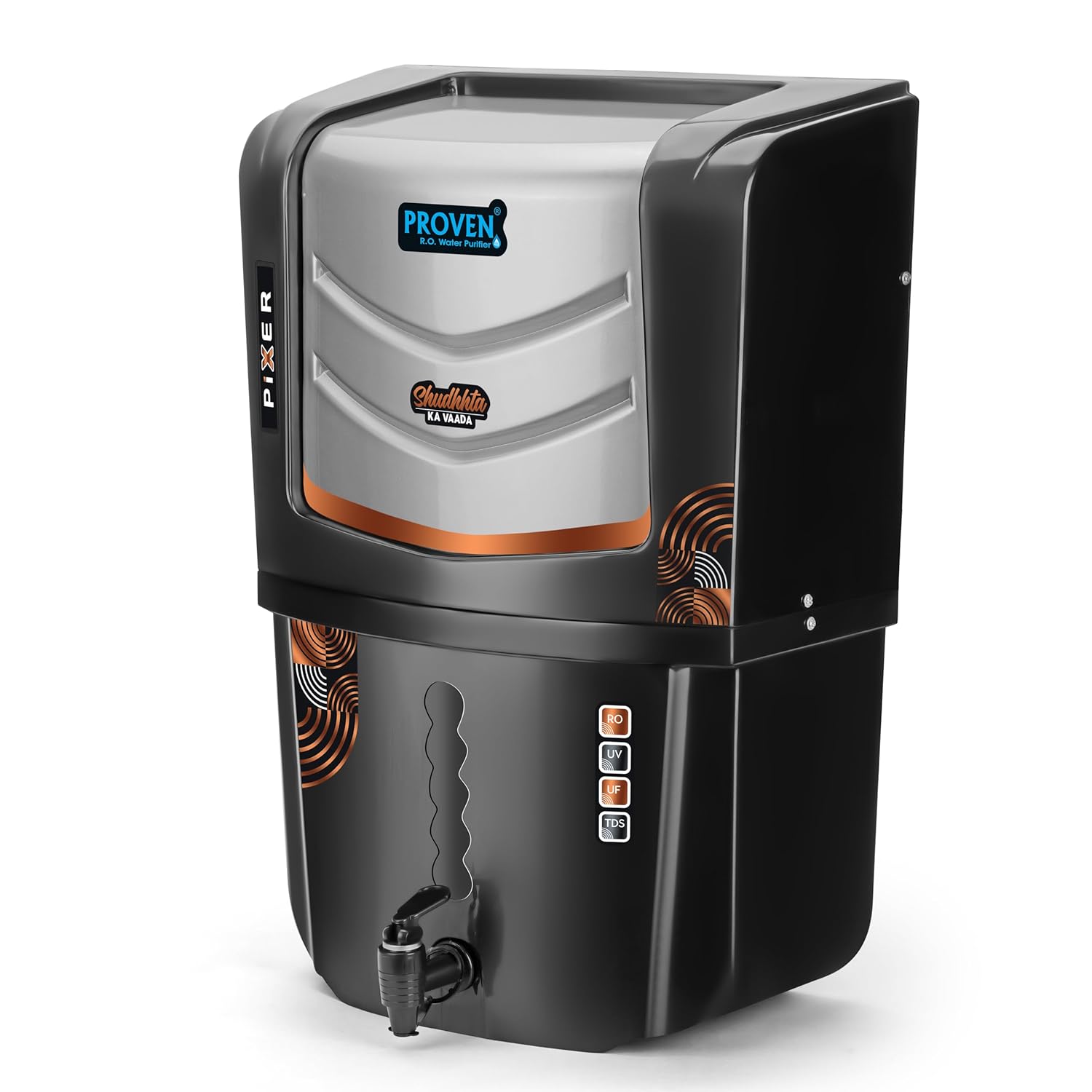 Proven Pixer Water Purifier – RO + UV + UF with Copper Zinc Alkaline Technology, TDS Adjuster, 12L Storage Tank, Sleek Black, Made in India, ISI | 12 Stage Purification | 1 Year Warranty