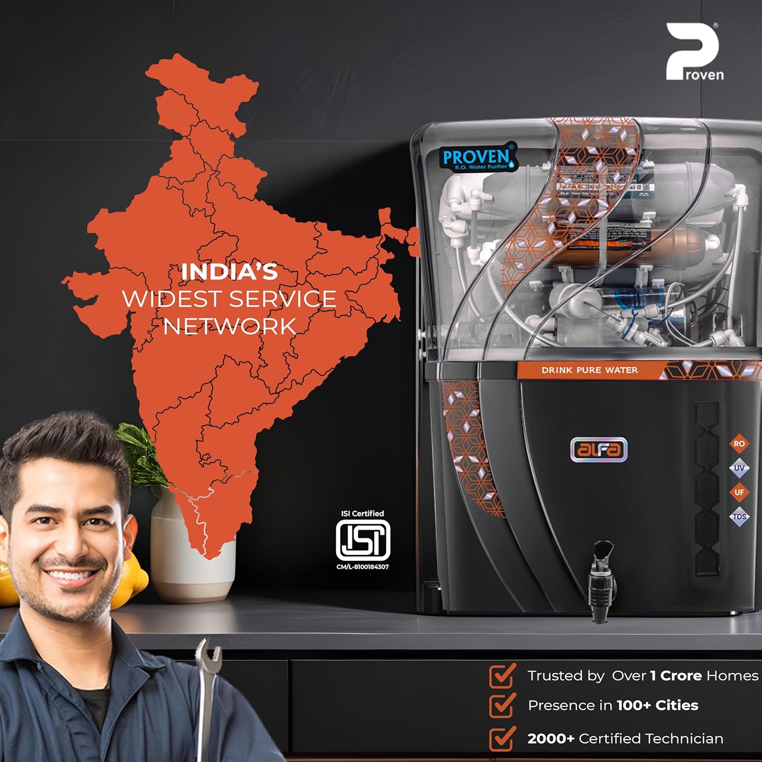 Proven Alfa 4 in 1 Zinc Copper Alkaline RO Water Purifier, 12L Tank, RO, UV, UF, TDS Adjuster | Suitable for all water sources | ISI Approved | Made In India | 12 Stage Purification | 1 Year Warranty