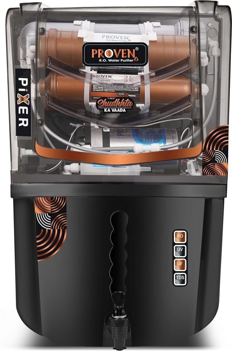 Proven Pixer Water Purifier RO + UV + UF Elegant Black with Full Transparent Front with Copper, High TDS Adjuster, Made in India, ISI Certified | 12L Tank | 12 Stage Purification | 1 Year Warranty