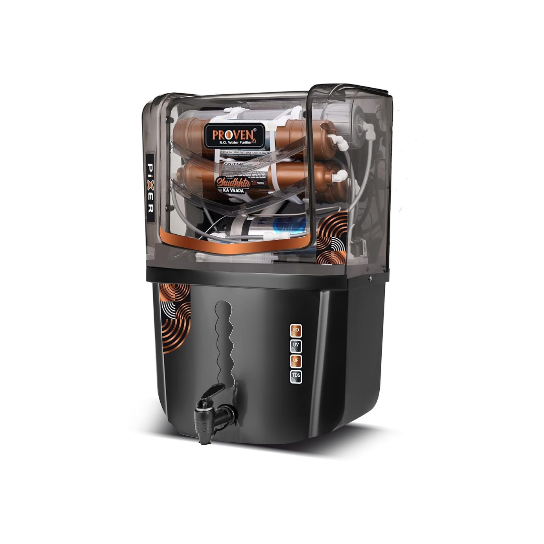 Proven Pixer RO Water Purifier –(RO + UV + UF) with 12L Storage Tank, Elegant Black Design | Saves upto 60% water | Made in India, ISI Certified | 12 Stage Purification | 1 Year Warranty
